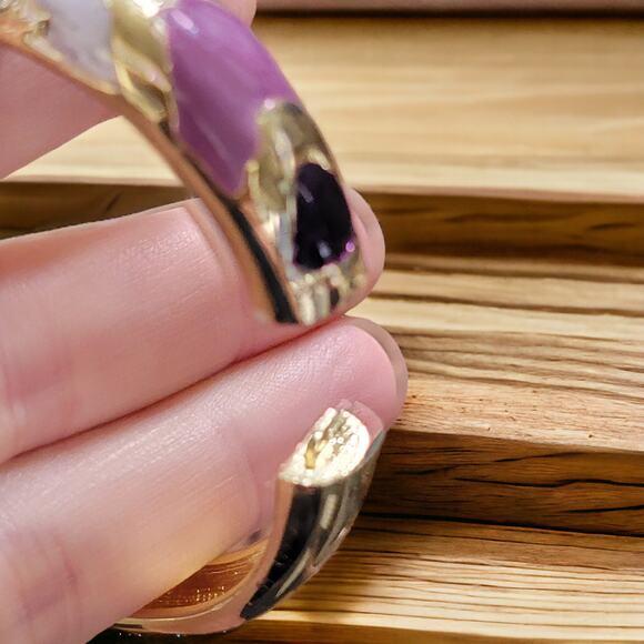 Vintage Bracelet 1980s Gold Tone Hinge with Rhinestones and Purple Enamel - Picture 7 of 10